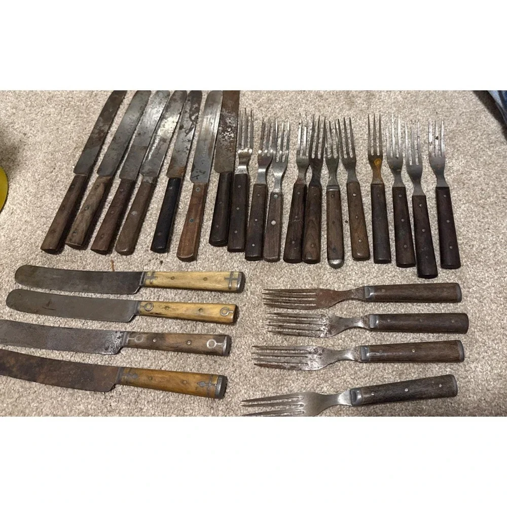 Antique 28 Forks Knives Civil War‎ 1800s Wood Bone Handles Primitive Reenactment